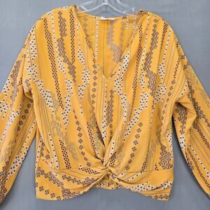 Hummingbird Yellow Crop Top Shirt Long Sleeves V-Neck Twist Waist Womens Size M
